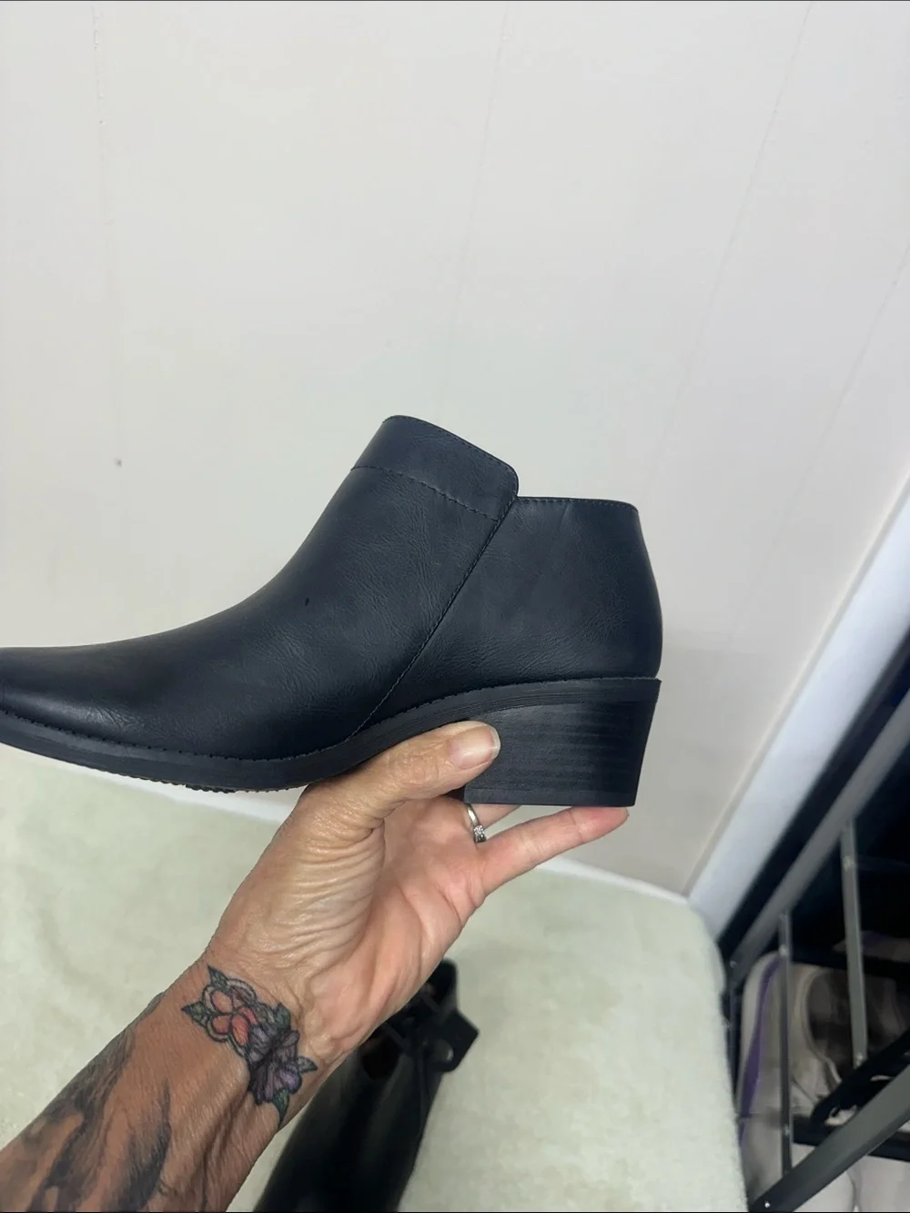 Time and Tru Black Faux Leather Ankle Booties with Low Block Heel